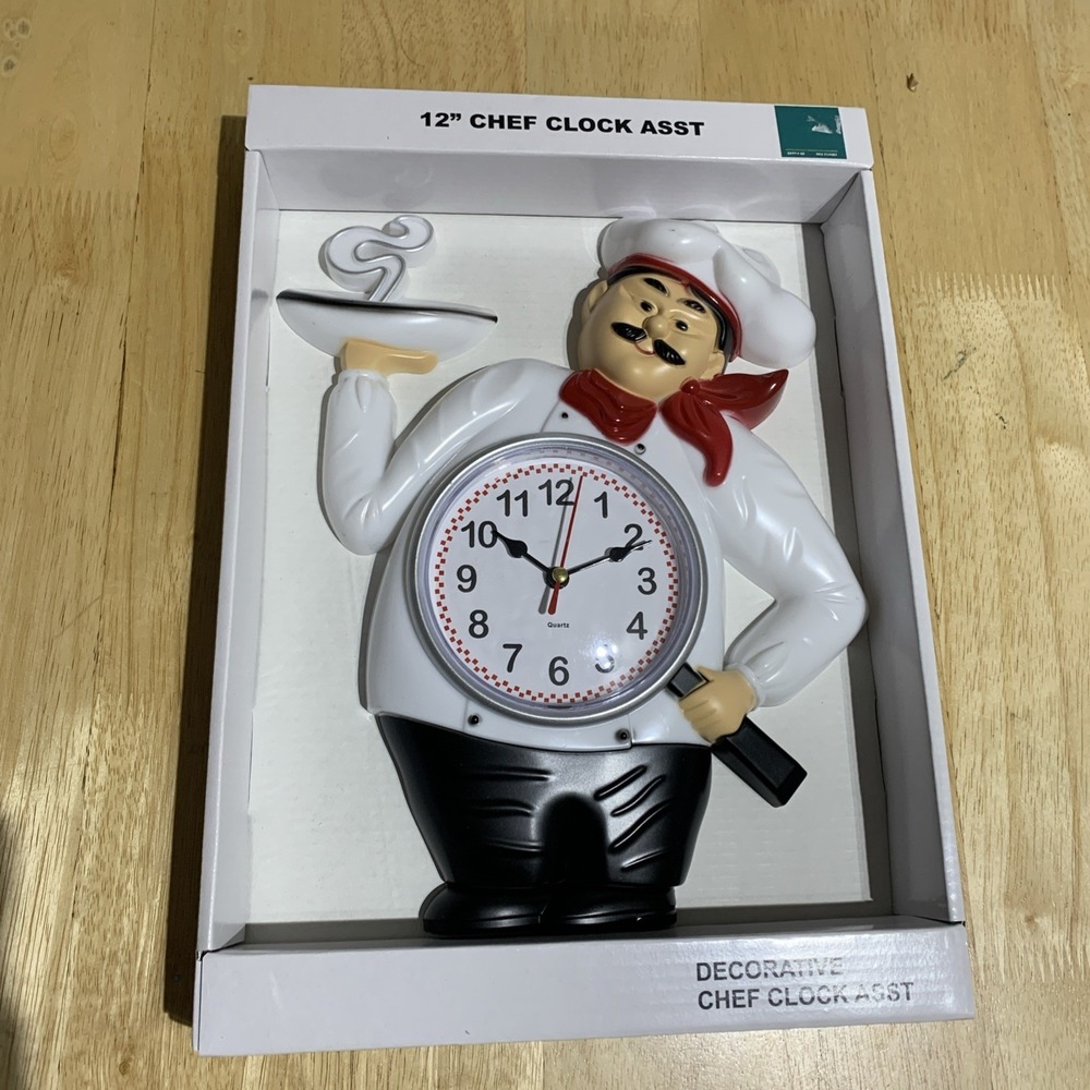 Plastic‎ Wall Clock, app. 10" x 12", FAT CHEF WITH HOT PLATE & FRYING PAN
